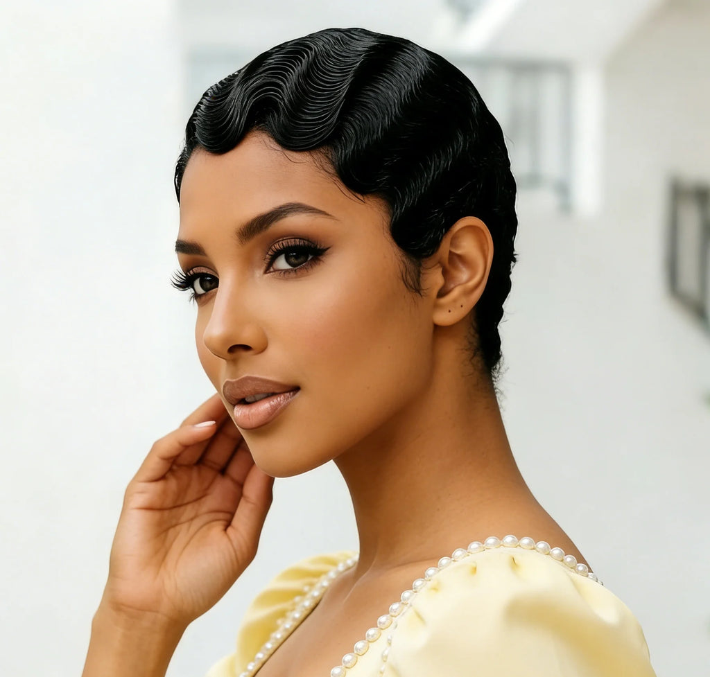 13X4 Lace Front Wig Brazilian Human Hair Finger Wave Short Pixie Cut Wig for Women 180% Density - MERGE.DAY.1.FREESTYLE