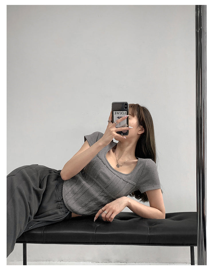 Summer Bright Line White T-shirt Women Slim Square Neck Short Sleeve Cropped Tops Female - MERGE.DAY.1.FREESTYLE