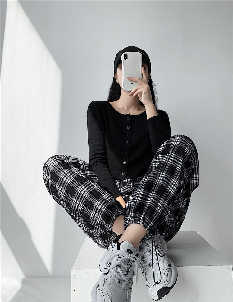 Plaid Pants Women High Waist Drawstring Loose Straight Baggy Pants 2022 Spring and Summer - MERGE.DAY.1.FREESTYLE