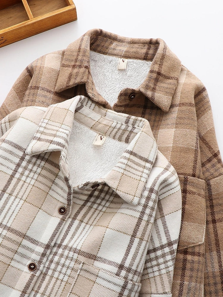 Velvet Thicken Plaid Shirts Blouses Autumn Winter Warm Shirts - MERGE.DAY.1.FREESTYLE