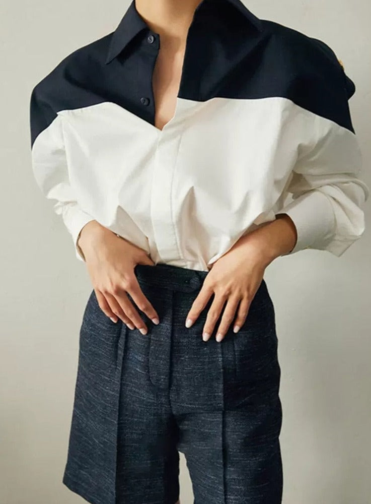 Patchwork Lapel Women Shirts Long Sleeve Single-breasted Loose Female Blouses - MERGE.DAY.1.FREESTYLE