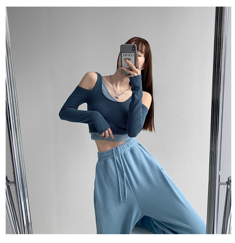 Patchwork Women's T-shirt Fake Two-piece Slim Long Sleeve Y2K Crop Tops Woman - MERGE.DAY.1.FREESTYLE