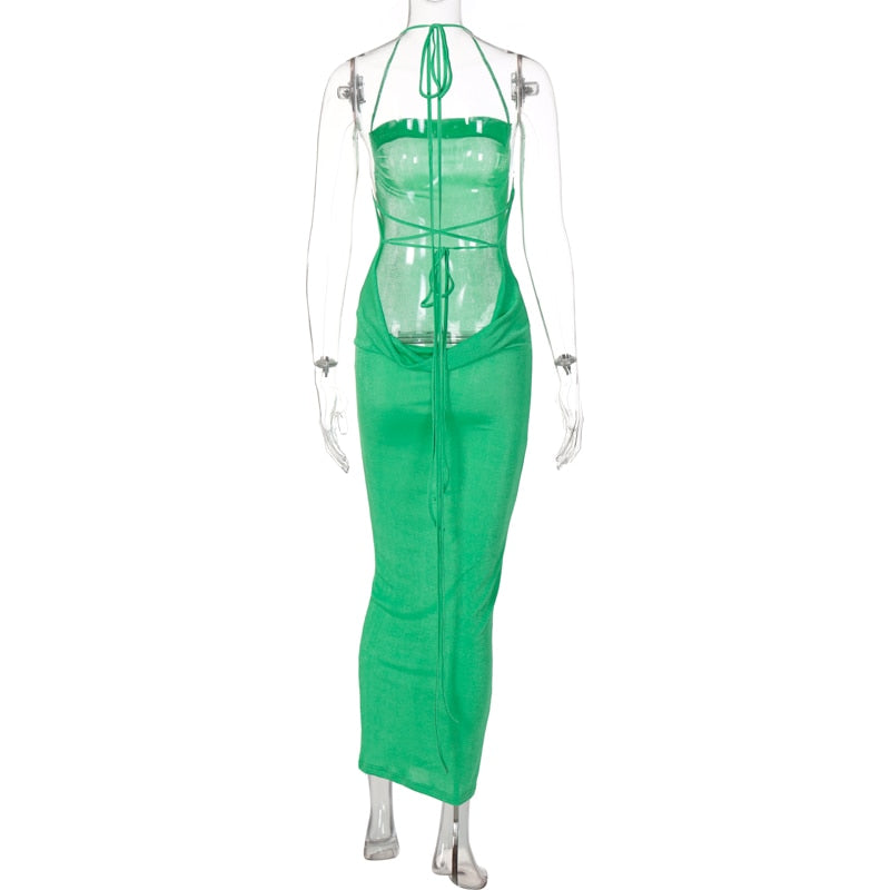 Collar Backless Sleeveless Drawstrings Hollow Out Slit Sexy Maxi Prom Dress - MERGE.DAY.1.FREESTYLE
