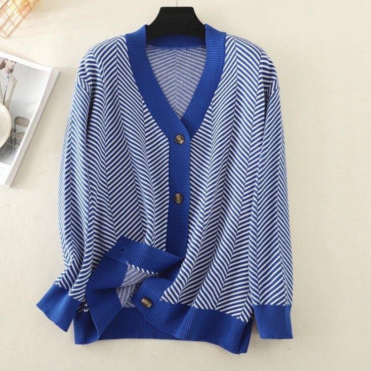 V-neck Striped Cardigans Sweaters Long Sleeve Loose Knitted Open Stitch Outwear - MERGE.DAY.1.FREESTYLE