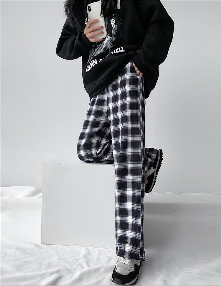 Plaid Pants Women High Waist Drawstring Loose Straight Baggy Pants 2022 Spring and Summer - MERGE.DAY.1.FREESTYLE
