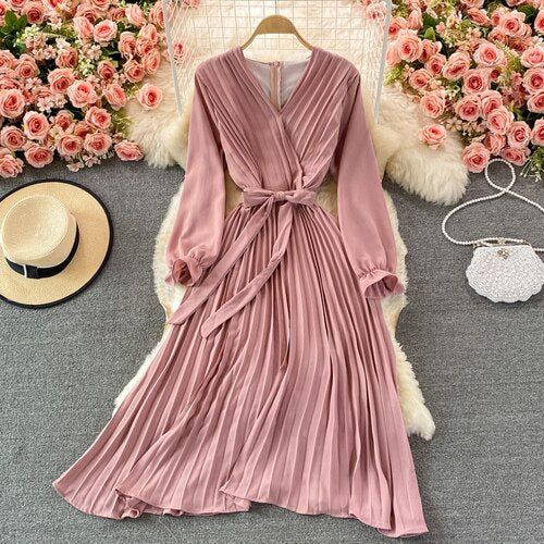 Slim Dress Elegant A Line V Neck Puff Sleeve Chiffon Pullover Mid-Calf Dresses - MERGE.DAY.1.FREESTYLE