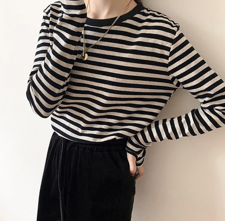 Casual O-neck Women Striped T-shirts Spring Summer Short Sleeve Loose Female Tops - MERGE.DAY.1.FREESTYLE