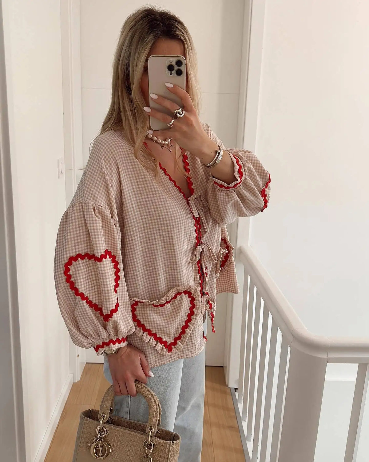 Heart Pockets Ladies V Neck Bow Buttons Blouses - MERGE.DAY.1.FREESTYLE
