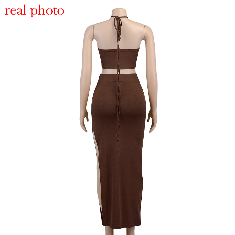 Cryptographic Bandage Cut Out Sexy Halter Neck Top and Skirts Set Gathered Elegant - MERGE.DAY.1.FREESTYLE