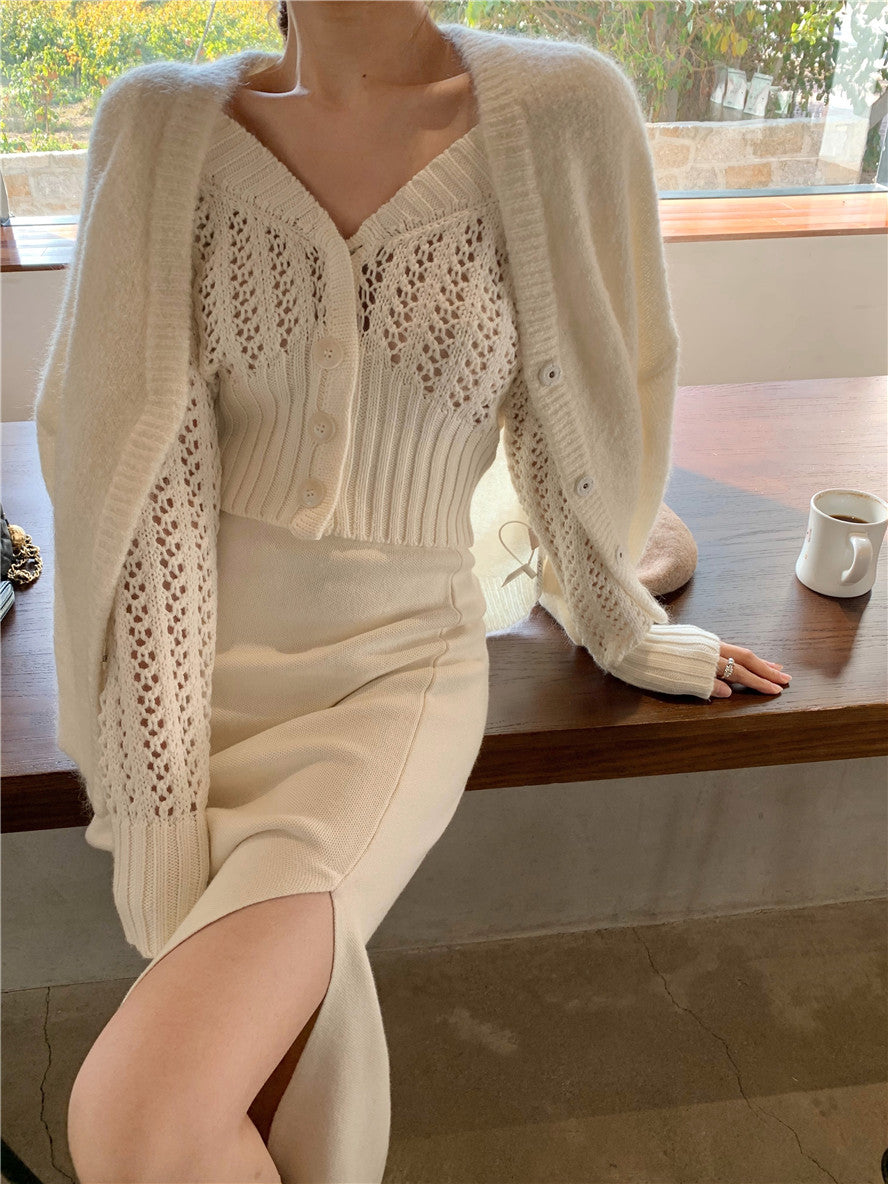 Women Hollow Sweater Cardigan Outerwear V Neck Button Knitted Tops Jackets - MERGE.DAY.1.FREESTYLE
