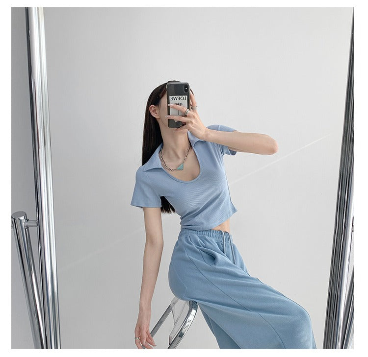 Y2K Tops Women U-shaped Lapel Short Sleeve Tees Summer High Waist Thread Crop Top - MERGE.DAY.1.FREESTYLE