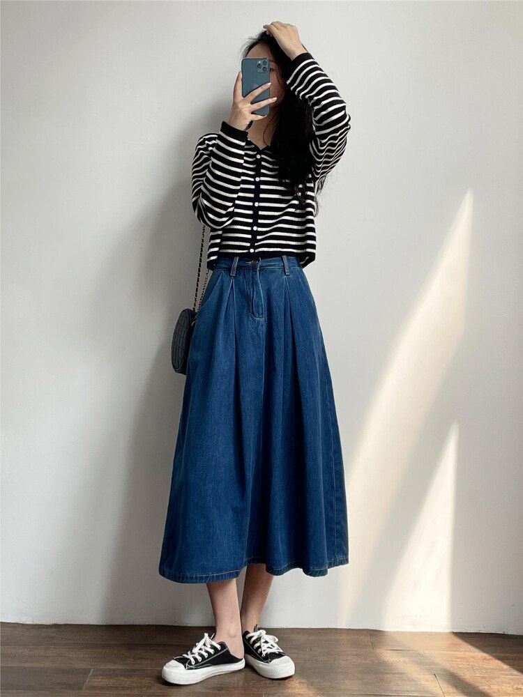 Denim Skirts Women Casual High Waist Lady Loose Vintage Dark Blue Skirts - MERGE.DAY.1.FREESTYLE