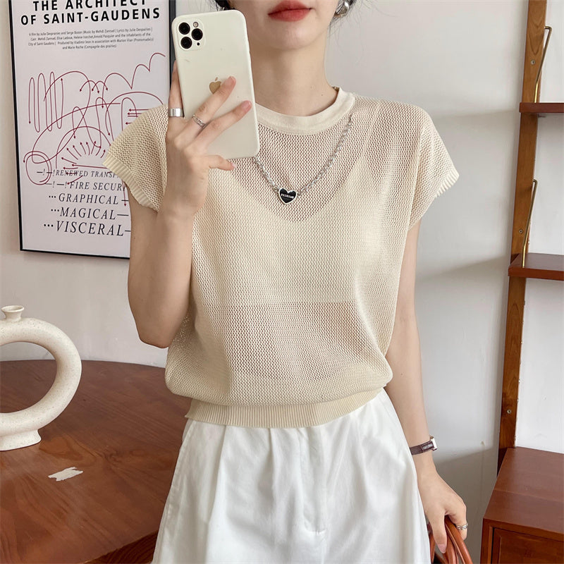 Hollow T-shirt Chain Women Summer New Solid Color Short Sleeve Knitted Tops Female 2022 - MERGE.DAY.1.FREESTYLE