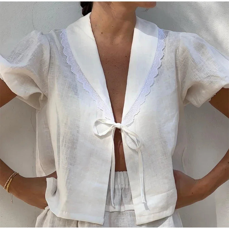 Lace Up Doll Collar Shirt Skirt Sets Short Puff Sleeve Top Suit Pleat Mini Skirts - MERGE.DAY.1.FREESTYLE