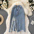 Beading Split Denim Skirts Women High Waist A-line Irregular Jeans Skirts - MERGE.DAY.1.FREESTYLE