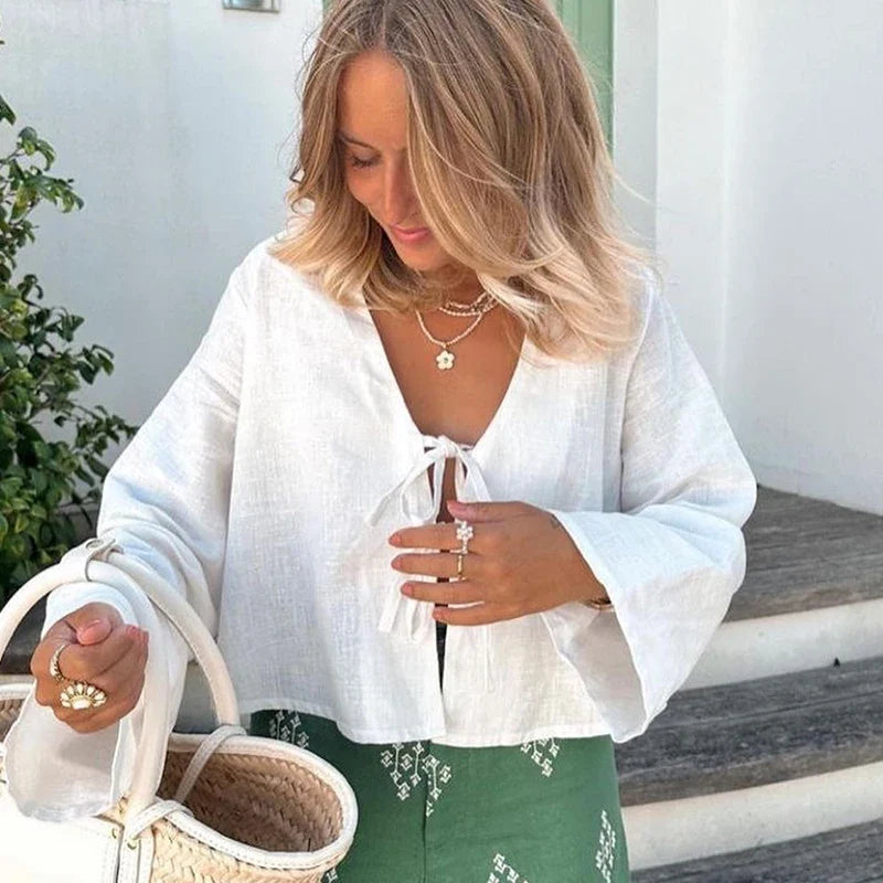 Cotton Linen Lace Up Bow Shirts Women Loose Hollow Out V Neck Long Sleeve Tops - MERGE.DAY.1.FREESTYLE