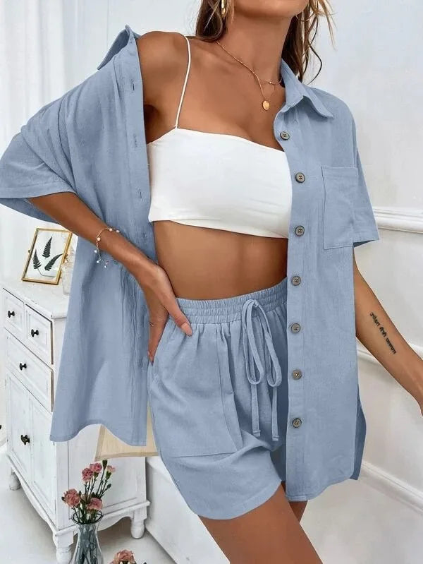 Summer Single breasted Top Broad legged Shorts Set Solid Suits - MERGE.DAY.1.FREESTYLE