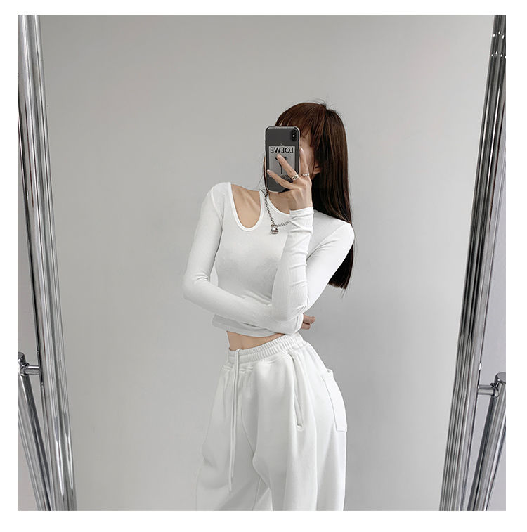 Hollow T-shirt Women Fashion Slim Y2K Cropped Tops Off Shoulder Long Sleeve Tees Woman - MERGE.DAY.1.FREESTYLE