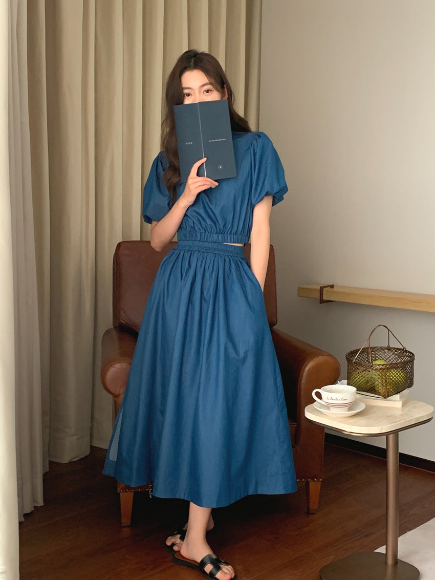 Women's Summer Cotton Denim Sets of Skirts Suit Chic Puff Sleeve Short Top with Umbrella Skirt - MERGE.DAY.1.FREESTYLE