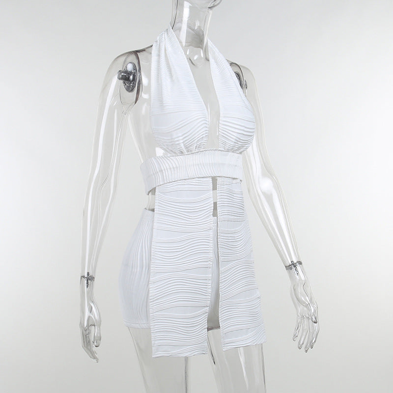 White Deep V-neck Halter Bandage 2 Pieces Sets Sleeveless Backless Suits Outfits with Shorts - MERGE.DAY.1.FREESTYLE