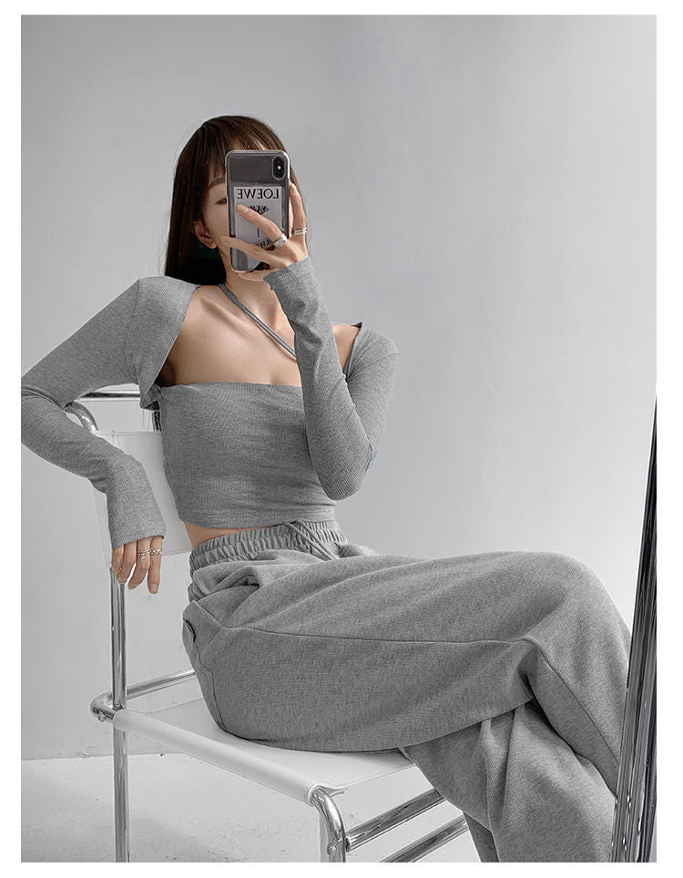 Cropped Tops Women Square Collar Slanted Shoulder Straps Halter Neck Long Sleeve T-shirt - MERGE.DAY.1.FREESTYLE