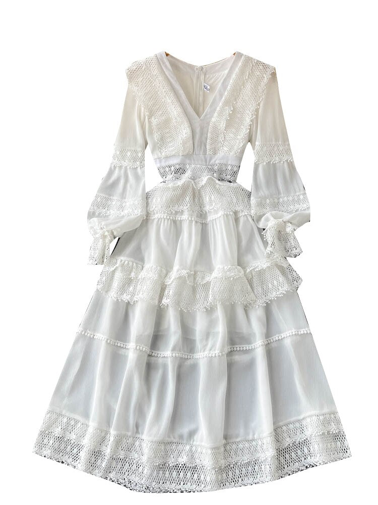 Lace Hollow Out White Dress Women Elegant V-neck Beach Holiday Style Dress - MERGE.DAY.1.FREESTYLE