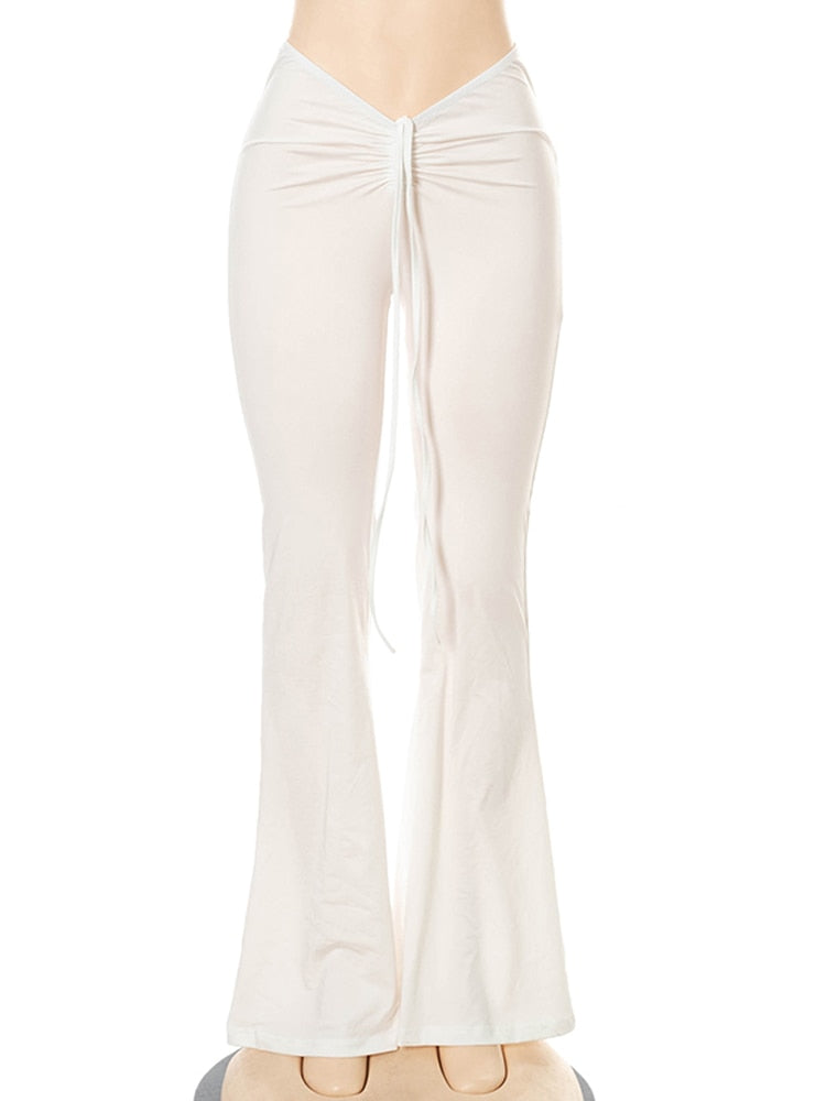 Women Slim Flare Pants Low Waist Drawstring Ruched Wide Leg White Trousers Joggers Sweatpants - MERGE.DAY.1.FREESTYLE