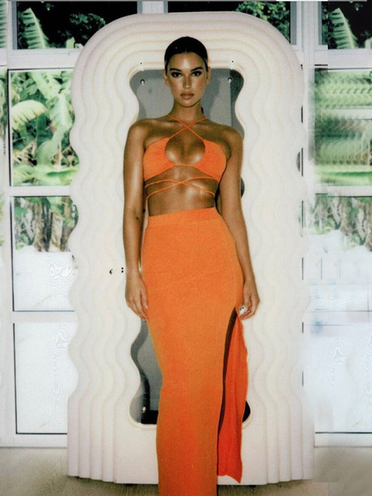 Cryptographic Bandage Cut Out Sexy Halter Neck Top and Skirts Set Gathered Elegant - MERGE.DAY.1.FREESTYLE