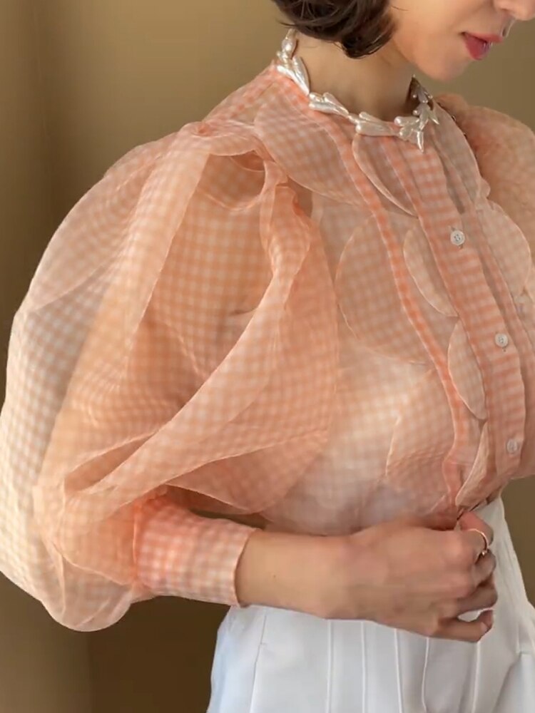 Summer Tops See Through Puff Sleeve Sweet Shirt Single Breasted Plaid - MERGE.DAY.1.FREESTYLE