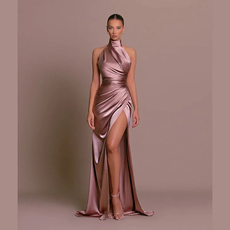 Satin Sleeveless Backless Halter Side Slit Sexy Elegant Maxi Dress - MERGE.DAY.1.FREESTYLE