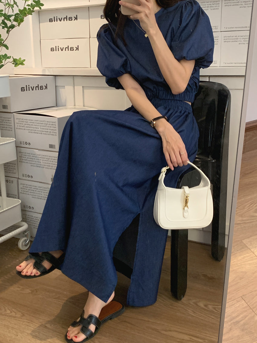 Women's Summer Cotton Denim Sets of Skirts Suit Chic Puff Sleeve Short Top with Umbrella Skirt - MERGE.DAY.1.FREESTYLE