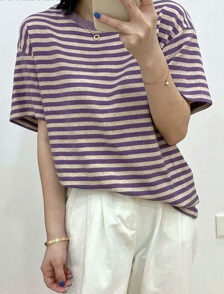 Casual O-neck Women Striped T-shirts Spring Summer Short Sleeve Loose Female Tops - MERGE.DAY.1.FREESTYLE