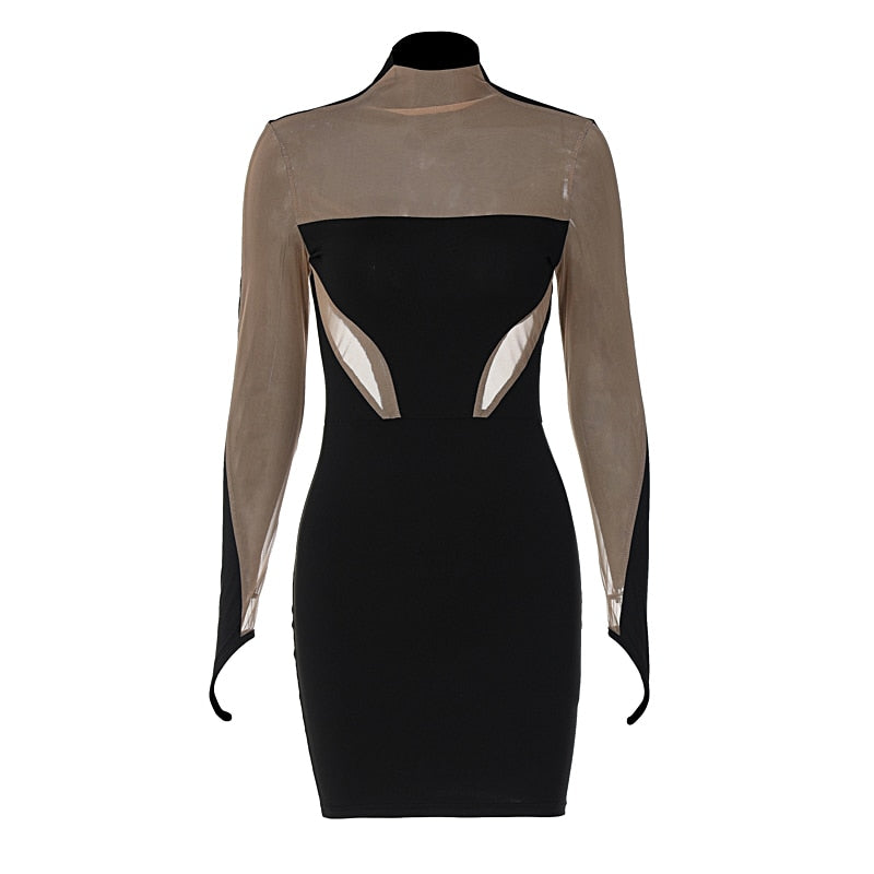 Long Sleeve Patchwork Mesh See Through Sexy Bodycon Mini Dress Evening Clothes - MERGE.DAY.1.FREESTYLE