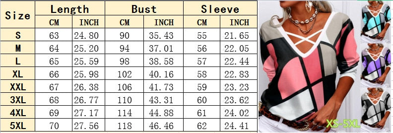 Overlapping V Neck Geometric Print T-shirt Casual Long Sleeve Tops Loose Pullover - MERGE.DAY.1.FREESTYLE