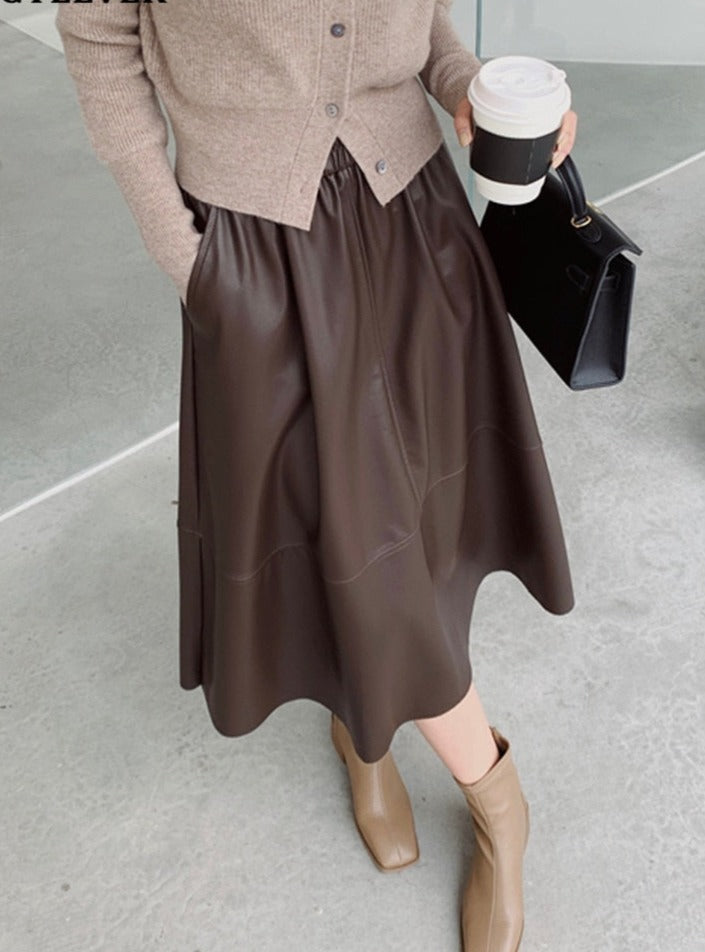 PU Skirts Elastic High Waist Pockets Faux Leather A-line Skirts - MERGE.DAY.1.FREESTYLE