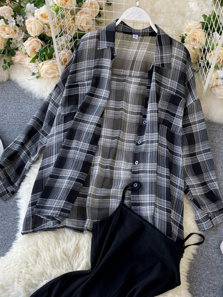 Two Piece Set Long Sleeve Plaid Grey Overcoats Spaghetti Strap Slim Dress - MERGE.DAY.1.FREESTYLE
