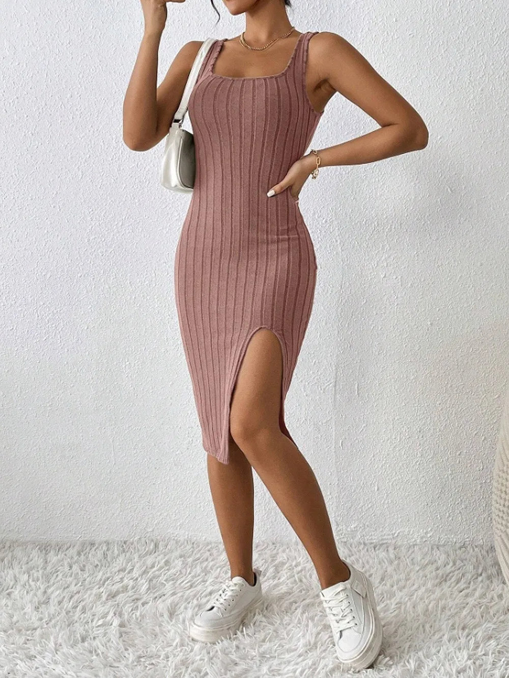 slit dress solid color sling slim dress - MERGE.DAY.1.FREESTYLE