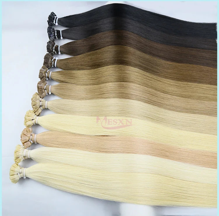 MESXN High Quality Flat Tip Hair Extensions 100% Really Human Fusion Hair Extensions Brown Blonde Color Thickening Of Roots - MERGE.DAY.1.FREESTYLE