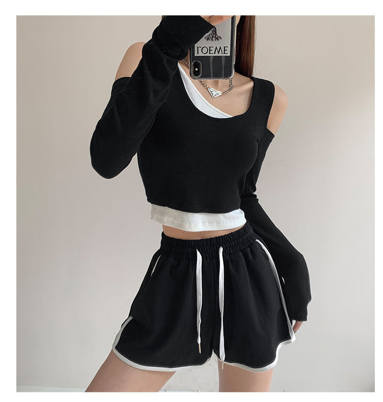 Patchwork Women's T-shirt Fake Two-piece Slim Long Sleeve Y2K Crop Tops Woman - MERGE.DAY.1.FREESTYLE