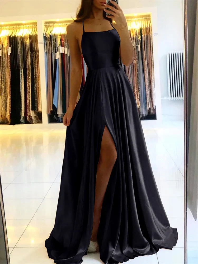 Burgundy Satin Beach Side Slit Adjustable Straps Evening Prom Dress - MERGE.DAY.1.FREESTYLE