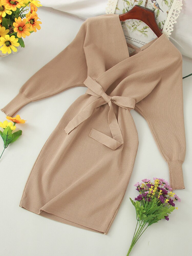 Autumn Women Sexy Elegant Knitted Dress Backless V Neck Sash Tie Up High Waist Dresses - MERGE.DAY.1.FREESTYLE