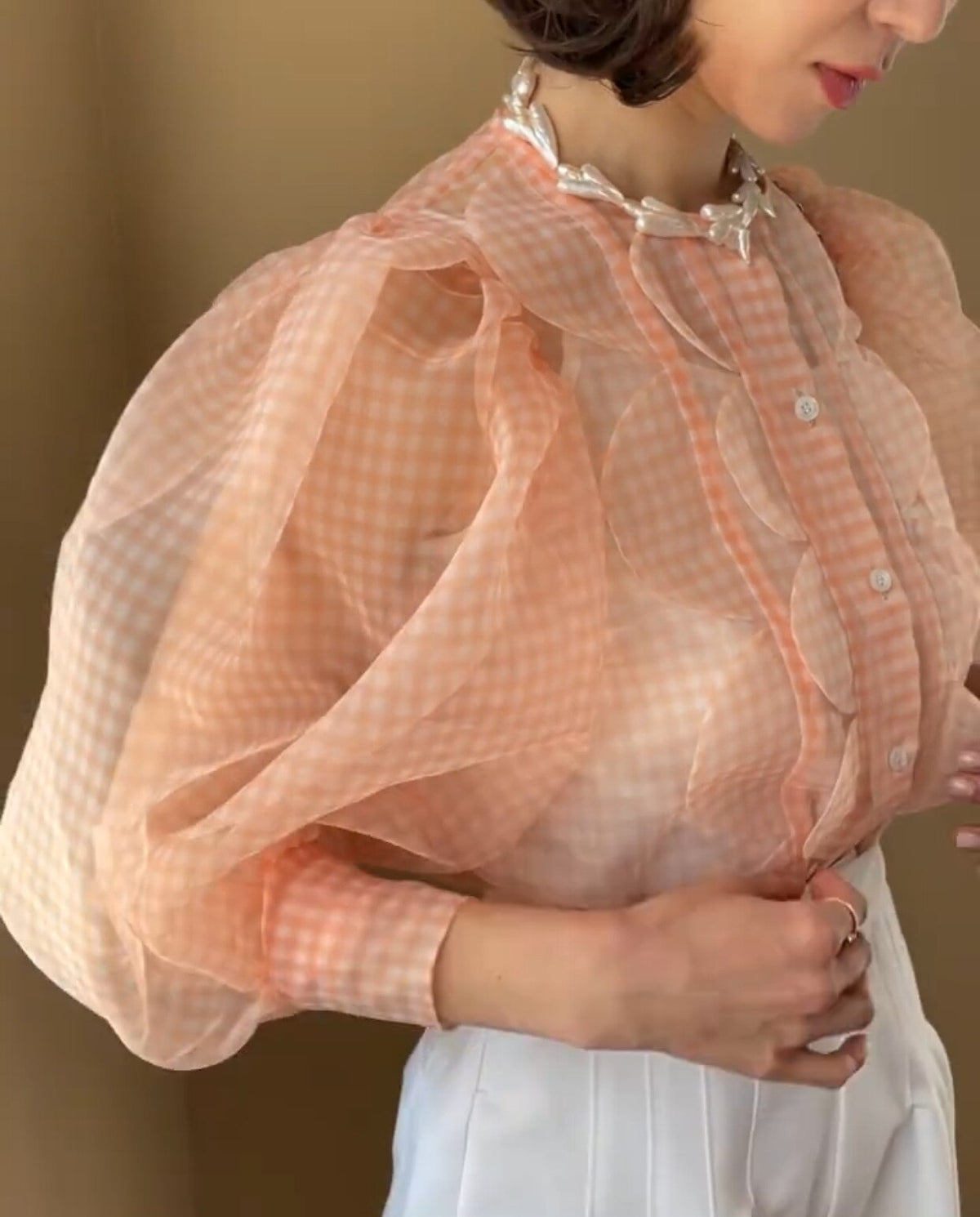 Summer Tops See Through Puff Sleeve Sweet Shirt Single Breasted Plaid - MERGE.DAY.1.FREESTYLE