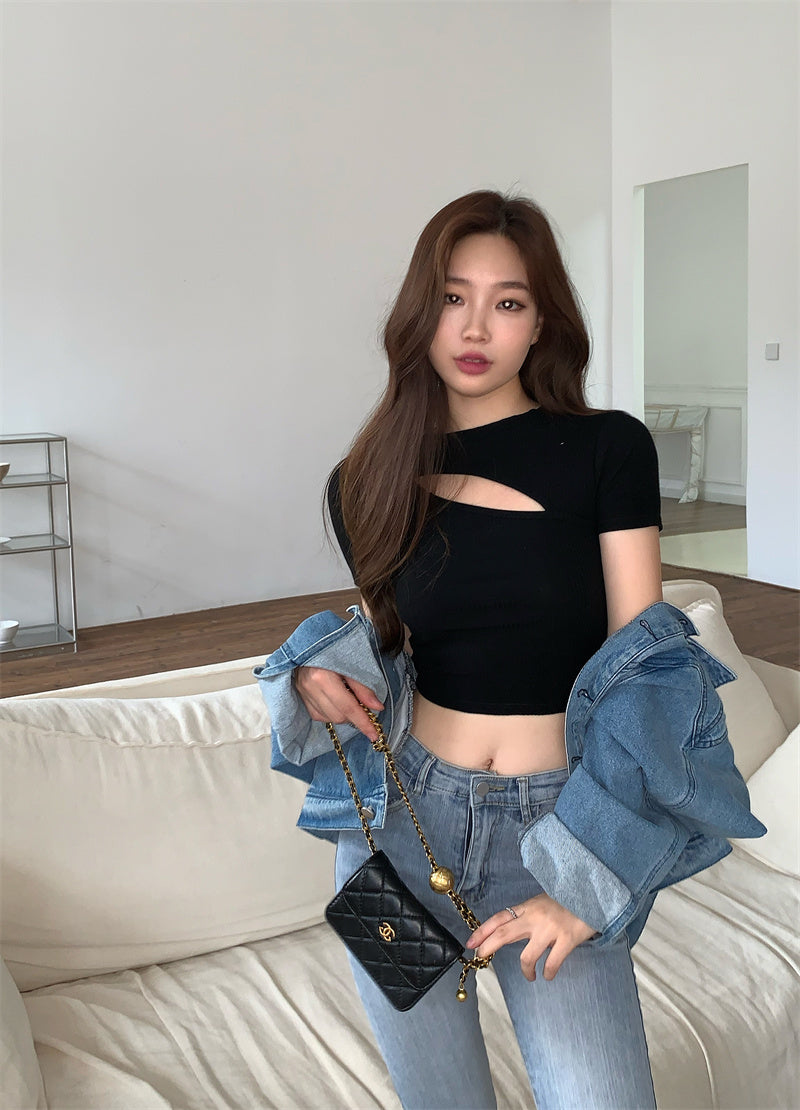 T Shirt Women Summer Hollow Crewneck Cropped Tops Irregular Tight Fitting Short Sleeve - MERGE.DAY.1.FREESTYLE