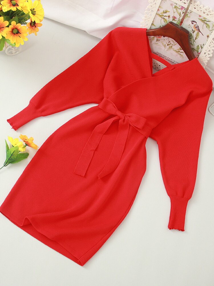 Autumn Women Sexy Elegant Knitted Dress Backless V Neck Sash Tie Up High Waist Dresses - MERGE.DAY.1.FREESTYLE