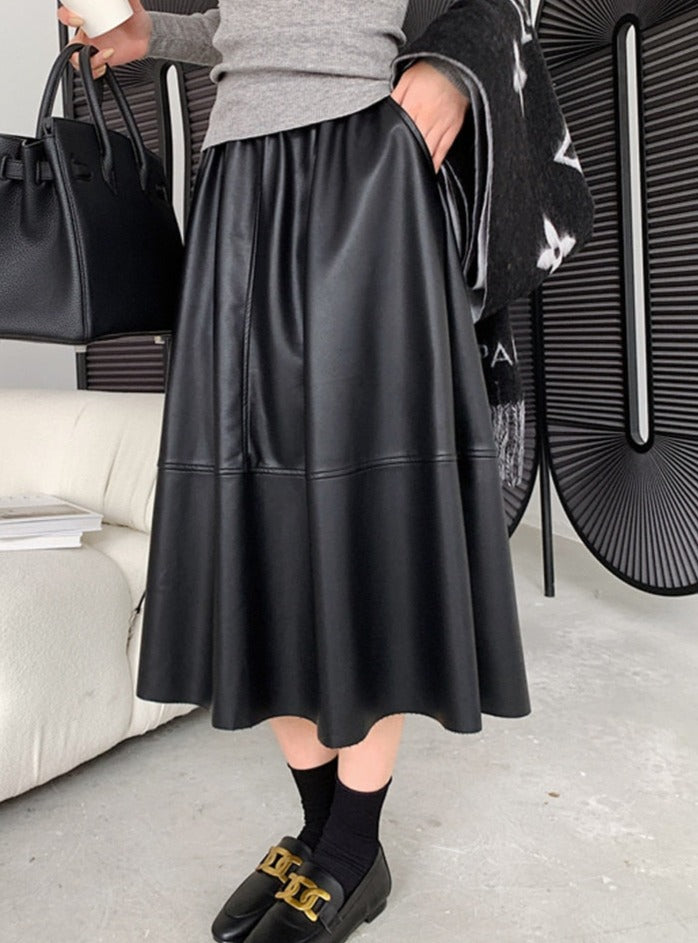 PU Skirts Elastic High Waist Pockets Faux Leather A-line Skirts - MERGE.DAY.1.FREESTYLE
