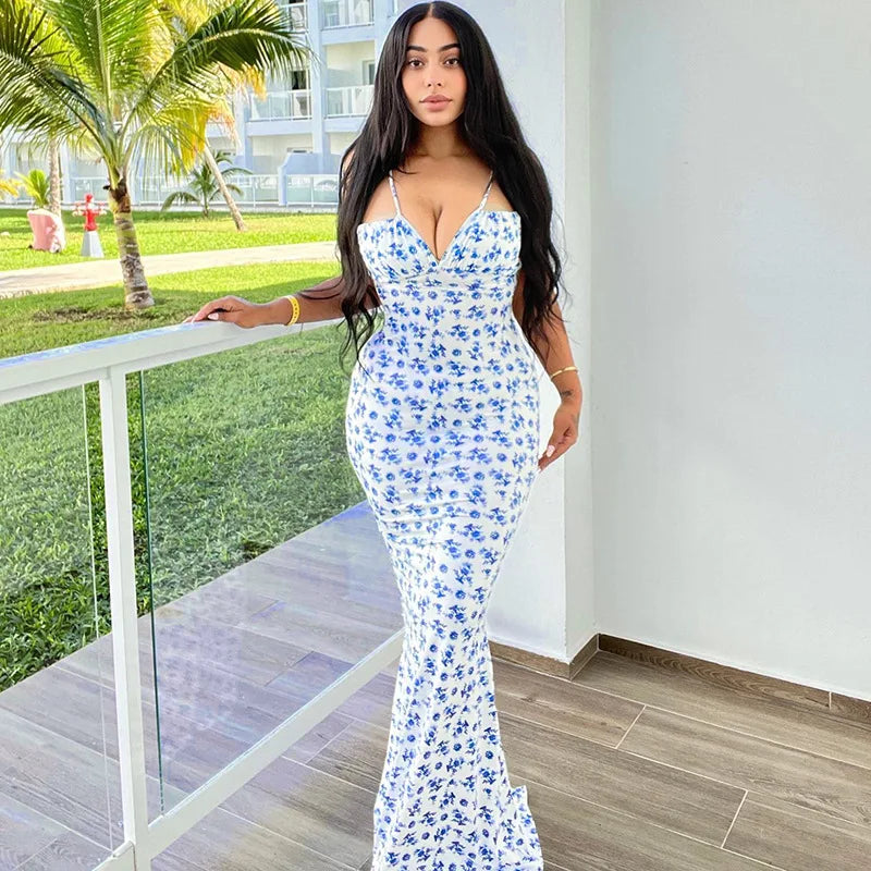 Elegant Floral Beach Vacation Bodycon Streetwear Long Dress - MERGE.DAY.1.FREESTYLE