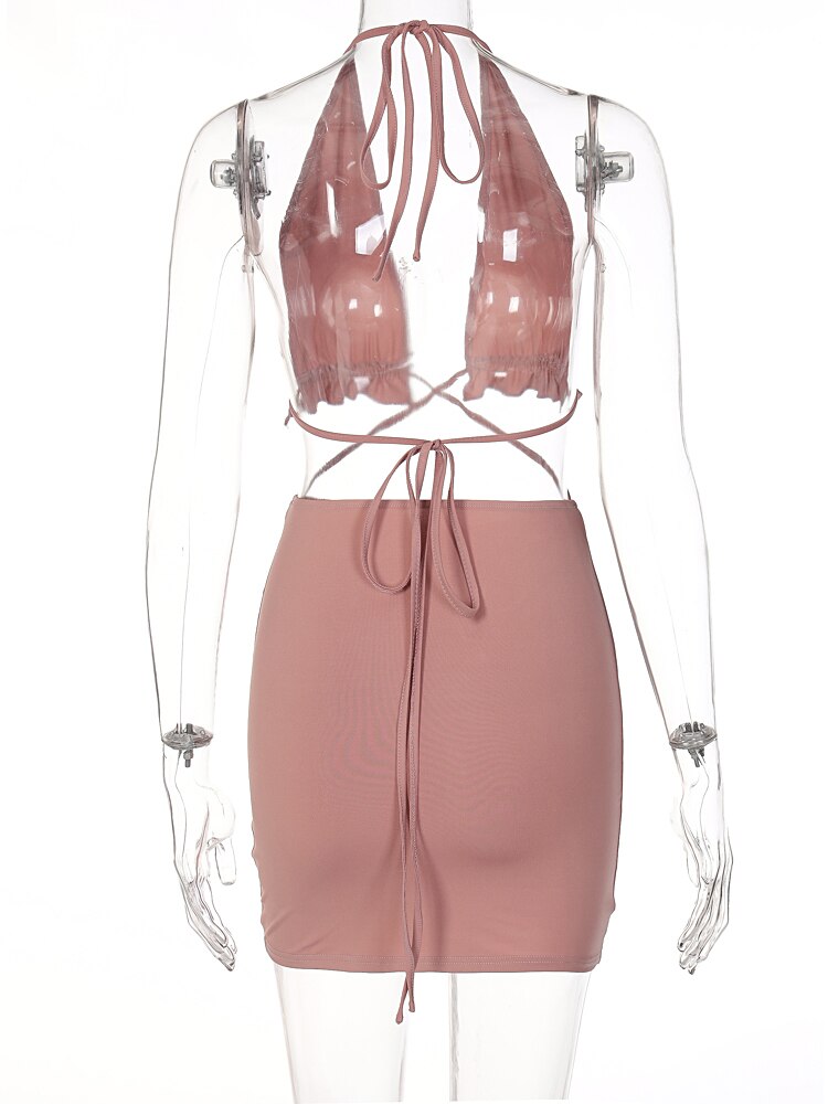 Ruffled Solid Halter Hollow Out Sleeveless Crop Top Pleated Skirts 2 Pieces Set - MERGE.DAY.1.FREESTYLE