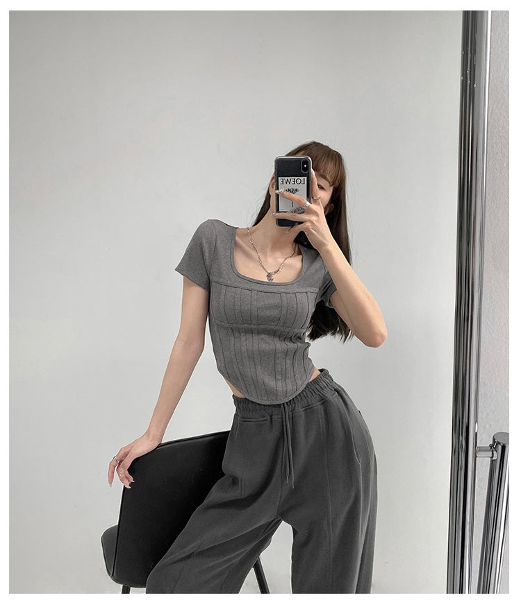 Summer Bright Line White T-shirt Women Slim Square Neck Short Sleeve Cropped Tops Female - MERGE.DAY.1.FREESTYLE
