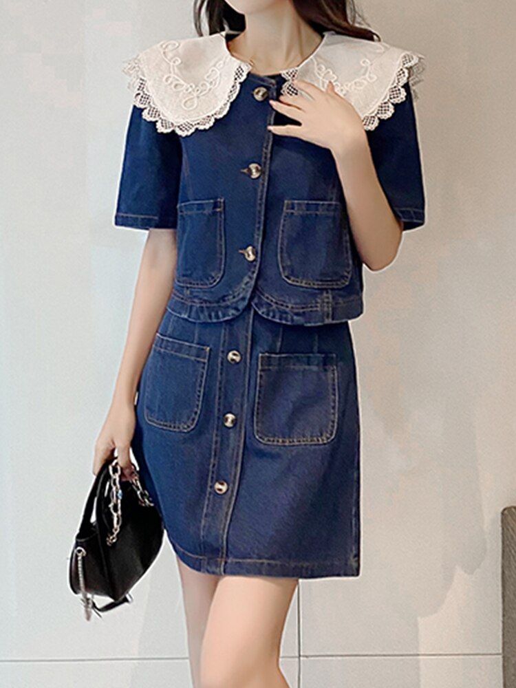 Summer Sweet Denim Suit Lace Peter Pan Collar Single Breasted Tops+high Waist A-line Skirts - MERGE.DAY.1.FREESTYLE