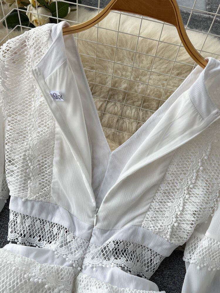 Lace Hollow Out White Dress Women Elegant V-neck Beach Holiday Style Dress - MERGE.DAY.1.FREESTYLE